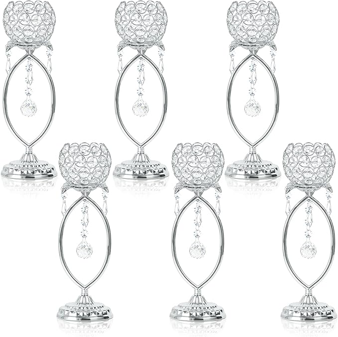 6 Pcs Silver Elegant Metal Crystal Tea Light Candle Holders with Crystal Pendants, Hollow Design - Wedding Table Centerpieces for Anniversary Birthday Party, Home Decor
