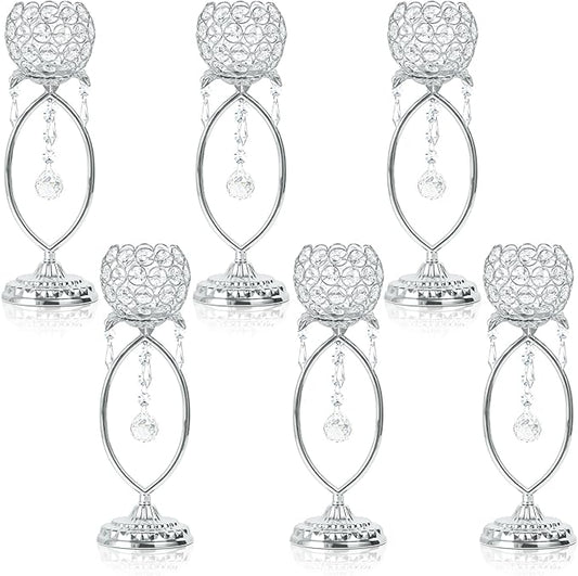 6 Pcs Silver Elegant Metal Crystal Tea Light Candle Holders with Crystal Pendants, Hollow Design - Wedding Table Centerpieces for Anniversary Birthday Party, Home Decor