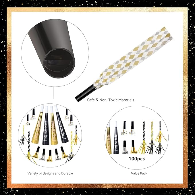 100pcs New Years Eve Party Supplies 2026 Black, Gold & Silver Party Blowers, New Years Decorations Noisemakers for Kids & Adults Nye Decorations