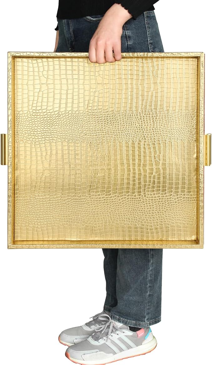 HofferRuffer Elegant Decorative Serving Tray, 20"x20" Square Faux Leather Ottoman Tray with Gold Hardware Handles, Coffee Table Serve Tea, Coffee or Breakfast (Gold, Square-20 inch)