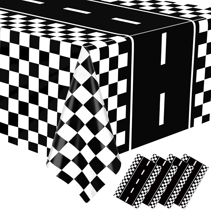 WNINK 4 Pack Race Car Table Cloth Black and White Gingham Tablecloths Disposable Plastic Buffalo Check Tablecloth Checkered Flag Covers for Birthday, Outdoor Picnic, Birthday, Camping 54 × 108 Inch