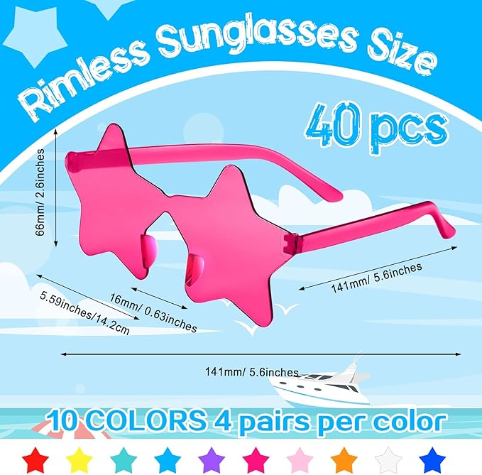 PLULON 40 Pairs Multicolor Star Sunglasses Rimless Star Shape Sunglasses, Colorful Star Glasses Bulk Bachelorette Sunglasses Star Party Favors for Birthday Beach Kids Adult