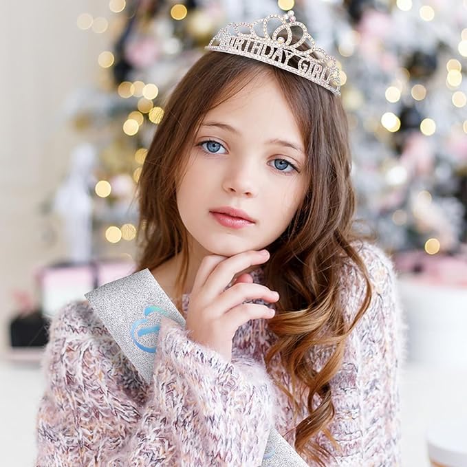 CAVETEE Birthday Headband for Women，Silver Birthday Crowns & Sash - Queen Tiara for Party