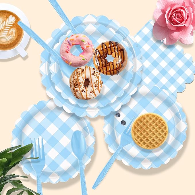192 PCS Gingham Party Supplies Serve 24 Guests Gingham Plates and Napkins and Cups for Birthday Decorations Baby Shower Checkered Party Supplies Dinnerware Sets for Girl Boy Light Blue