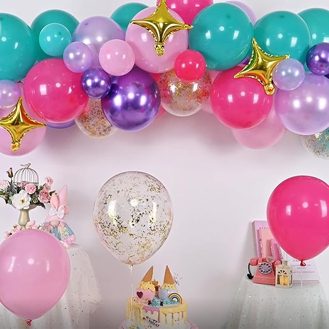 Pink Purple Blue Balloon Arch Kit Teal Hot Pink Metallic Purple Party Latex Balloon Garland with Confetti and Star Foil Balloons for Girls Princess Birthday Baby Shower Neon Party Decorations