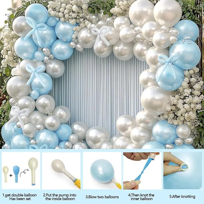 Pearl Blue Balloon Double Stuffed Light Baby Blue Balloons Garland Pearl Arch Kit Long Balloons Different Size for Birthday Wedding Baby Shower Anniversary Decoration