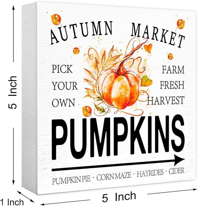 Funny Autumn Wood Box Sign Autumn Market Pumpkins Wooden Block Desk Decor for Home Office Kitchen Cubicle Table Shelf Tabletop,Farmhouse Fall Sign Decor