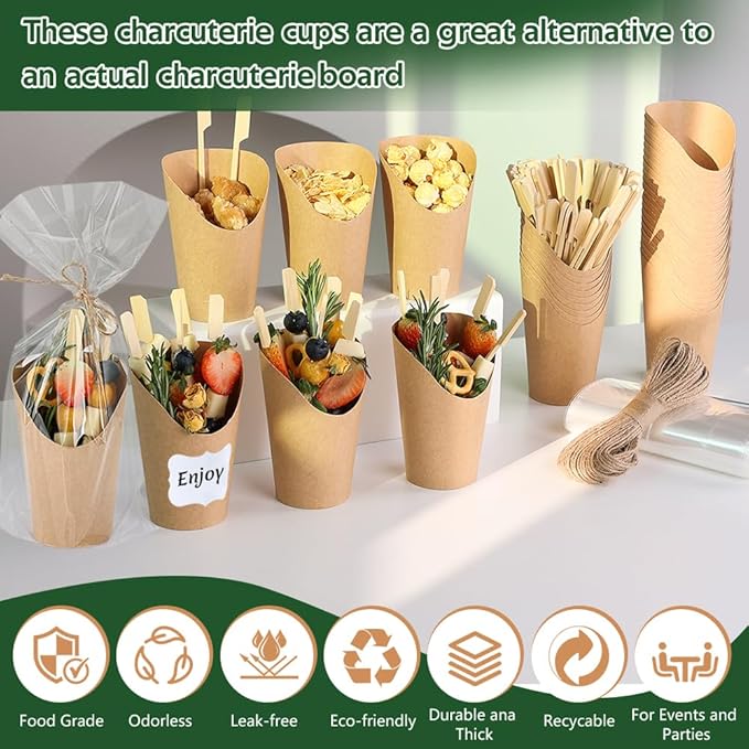50 Sets 12 oz Charcuterie Cups, 100 Picks + 50 Bags + 50 Labels, Disposable Charcuterie Cups with Sticks and Bags, Brown Paper Snack Cup Disposable French Fry Cup for Parties, Catering