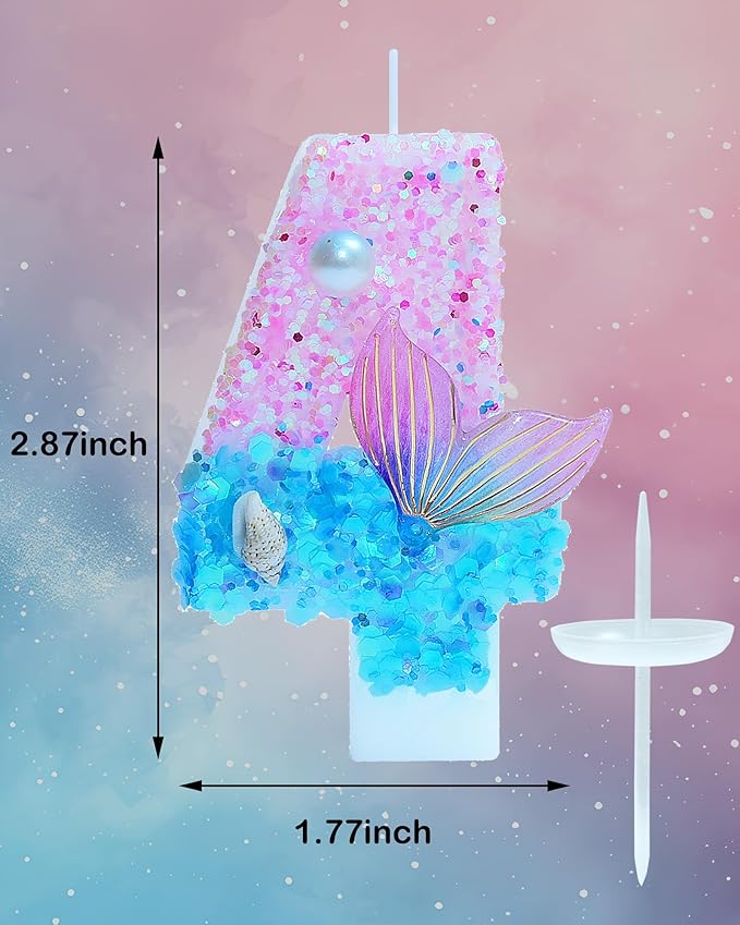 Mermaid Themed Birthday Candles, Number 4 Girls Glitter Birthday Party Supplies,Anniversary Party Decor,2.87 inch Cake Topper Decorations (Mermaid Themed, Number 4)