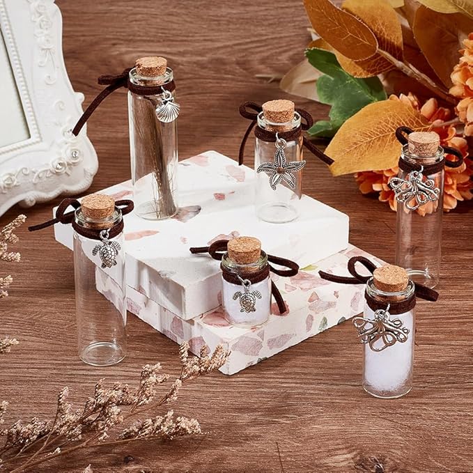 20Pcs Pet Fur Memorial Jar 20 Styles Sea Animals Theme Vial with Alloy Pendants Transparent Glass Empty Bottles for Ashes Or Hair Dog Or Cat Keepsake Pet Memorialize Gift
