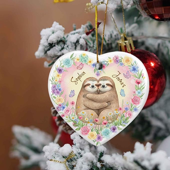 Sloth Couple Newly Engaged Christmas Ornament, Personalized 1St Xmas Together Ceramic Ornament, Cute Couple Sloth Keepsake Gift for Mr & Mrs Mom Dad, Custom Names Sloths Animal Lover Ornaments