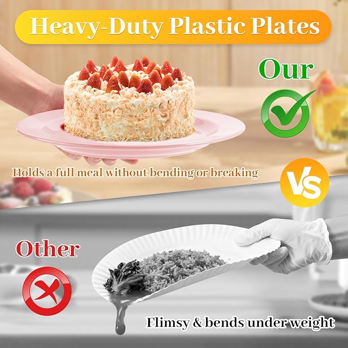 MENDENG 50PCS Pink Plastic Plates for Party, 25x10.25 Dinner Plates & 25x7.5 Dessert Plates, Heavy Duty Disposable Plastic Plates for Wedding Party Birthday Mother's Day