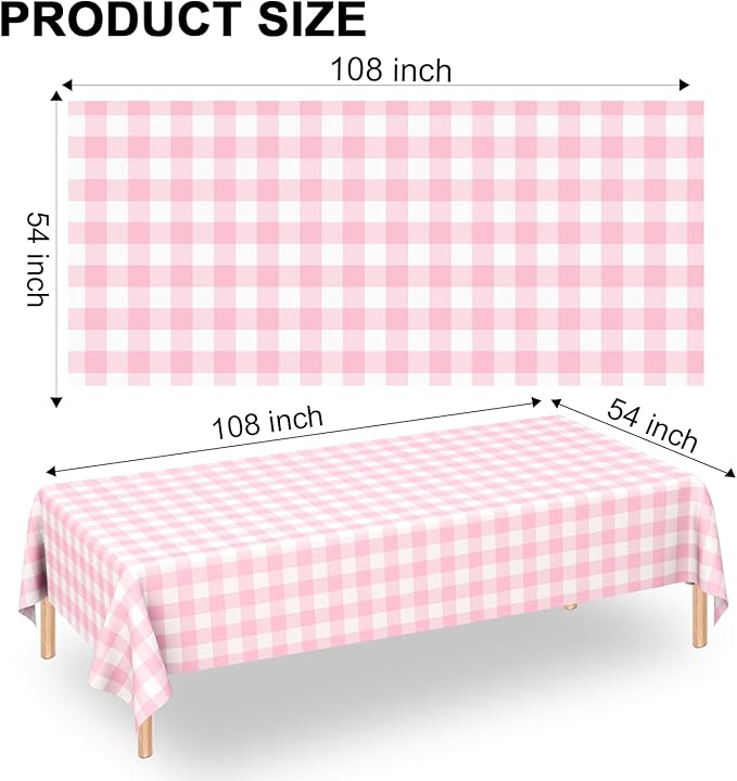 3 Pack Pink Gingham Tablecloth Rectangular Pink and White Checkered Tablecloths Disposable Plastic Plaid Table Cover for Parties, Outdoor Picnic, Birthday, Wedding, Camping 54 × 108 Inch