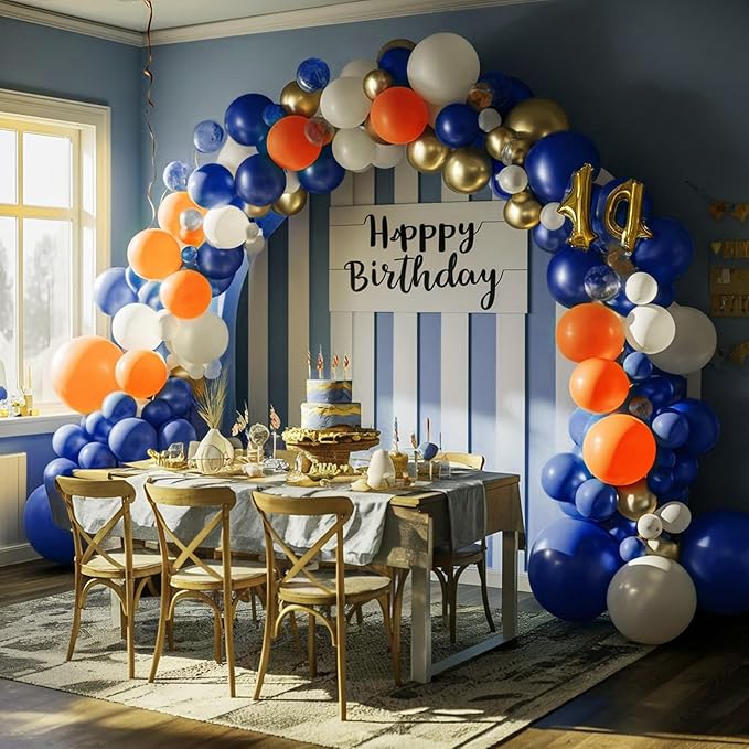 Orange and Blue Balloon Arch Kit, 120 Pcs Navy Royal Dark Blue Gold Orange Balloons Garland Kit with 4D Star Chrome Latex Balloons for Graduation Class of 2025 Thanksgiving Party Decorations