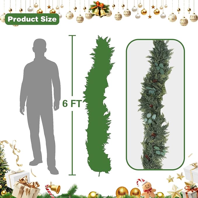 6FT Norfolk Pine Garland, Cedar Garlands with Eucalyptus,Artificial Pine Garland Christmas Decorations for Mantle Fireplace Outdoor Staircase