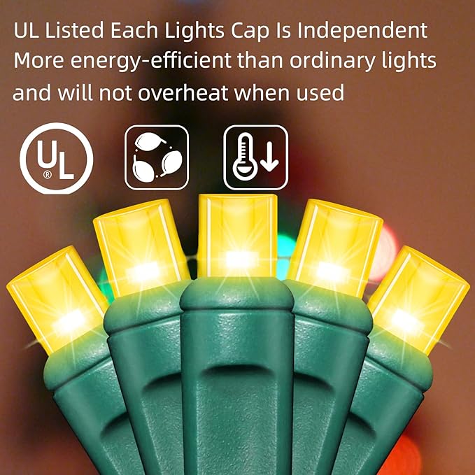 LAMPHOME 100Count (2pk of 50L) String Lights, LED Christmas Lights, 6" SPACING,Green Wire,Yellow