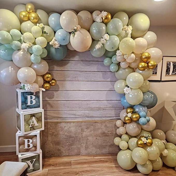 Togvu Dusty Green Blue Balloon, 60 Packs 12 Inch Sage Green Blue Balloon with Haze Fog Blue Sand White and Gold Balloons for Jungle Safari Neutral Boho Birthday Baby Shower Party Decorations