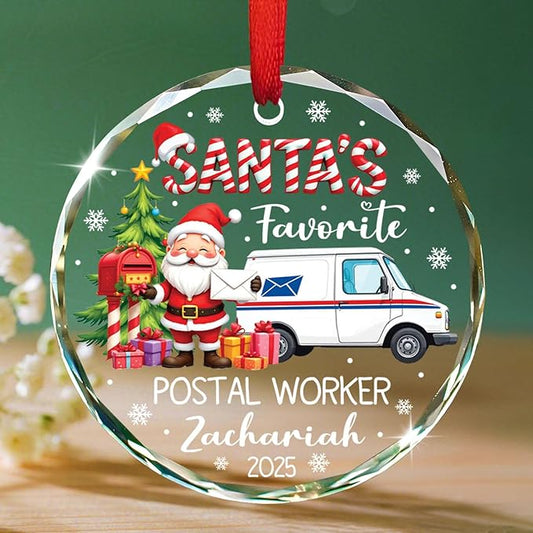 Santa's Favorite Postal Worker Christmas Glass Ornament 2025, Gifts for Mail Carrier Service, Custom Name & Year for Xmas Tree Decor, Personalized Merry Christmas Postal Worker Ornament Gift Ideas