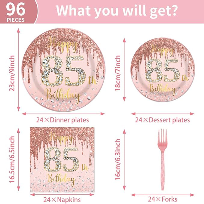 96Pcs 85th Birthday Decorations for Women Disposable Tableware Set -Rose Gold Happy 85th Birthday Paper Plates Napkins Forks 85 Years Old Party Supplies Serve 24 Guests