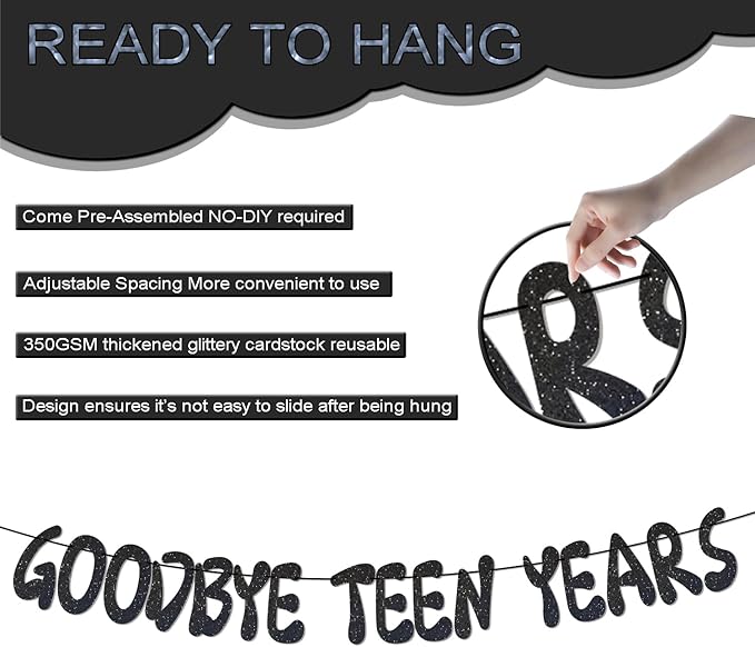 Goodbye Teen Years Glitter Banner, Pre-Strung, 20th Birthday Decorations, 20 & Fabulous, Happy 20 years old Anniversary Party Decoration Supplies Black
