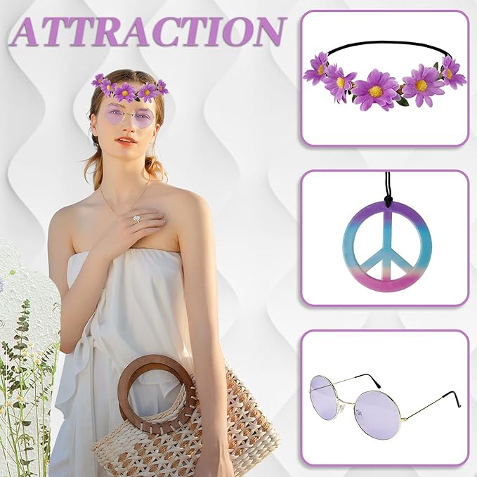 Hippie Costume Set Includes Peace Sign Necklace and Earring, Flower Crown Headband and Sunglasses 60s 70s Party Accessories