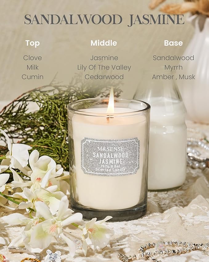 M&SENSE Sandalwood Jasmine Scented Candles, Classic Size 8.8 oz Glitter Jar Candle, Holiday Natural Candles Gifts for Women, 50 Hours Long Burning Candle for Winter Home Decor