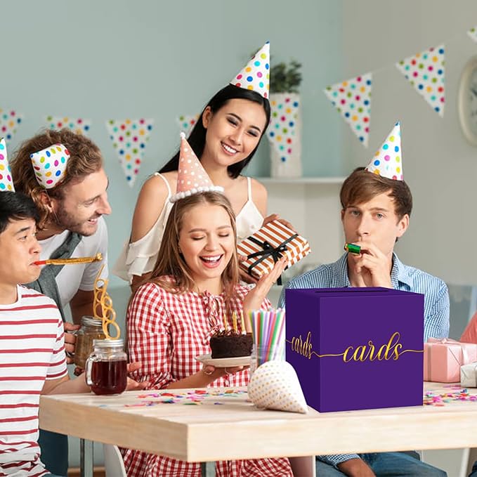 1 Pack Purple and Gold Foil Card Box for Party, 8.7" Purple Gift Card Box Money Box for Birthday, Wedding, Baby Shower, Retirement, Anniversary, Bridal Shower, Graduation, Raffle Ticket