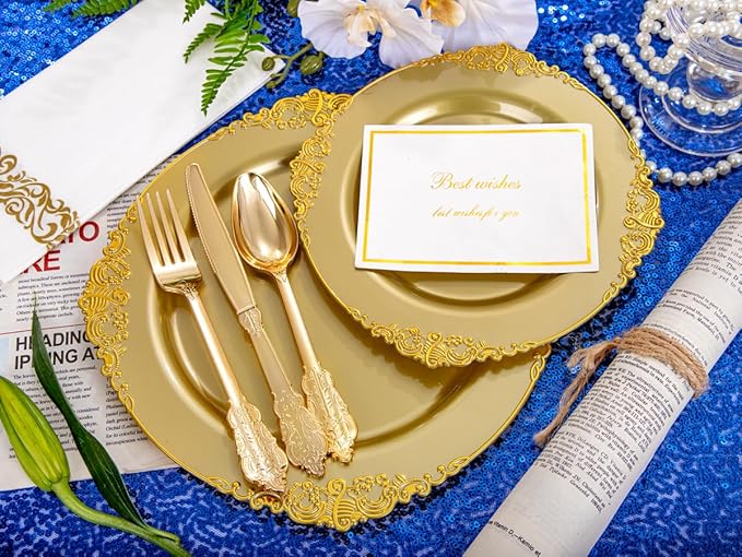 Morejoy 175PCS Solid Gold Plastic Plates with Gold Rim，gold disposable dinnerware sets Include 25 Dinner Plates,25 Dessert Plates,25 Cutlery Sets,25 Napkins Perfect for Party & Thanksgiving