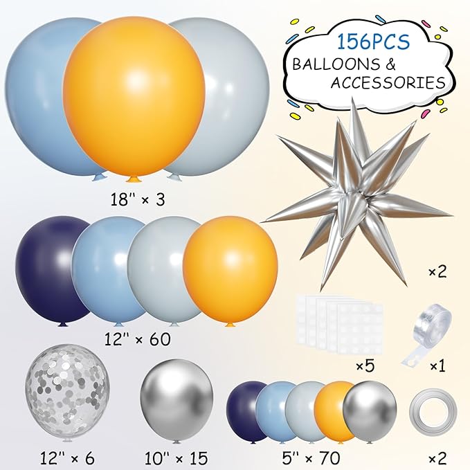 Blue Yellow Gray Balloon Garland Arch Kit, 156Pcs Pastel Navy Blue Dusty Grey Lemon Yellow Metallic Silver Balloons with Exploding Star for Baby Shower Wedding Birthday Lemonade Honeybee Party