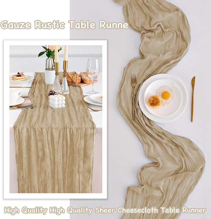 10 Pack Beige Table Runner 120 Inch Cheesecloth Table Runner 10FT Rustic Boho Gauze Table Runner Long Cheese Cloth Table Runner Semi Sheer Runners for Wedding Bridal Baby Shower Party