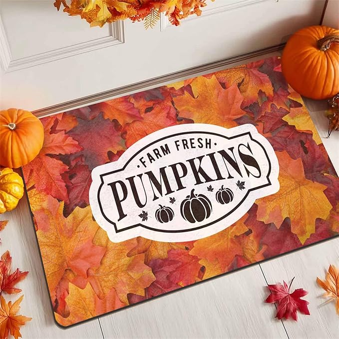 InterestPrint Thanksgiving Doormat Fall Door Mat, Fall Maple Leafs Welcome Door Mats Outdoor Indoor Autumn Leaves Doormat, Harvest Pumpkin Door Rug for Thanksgiving Farmhouse Decor