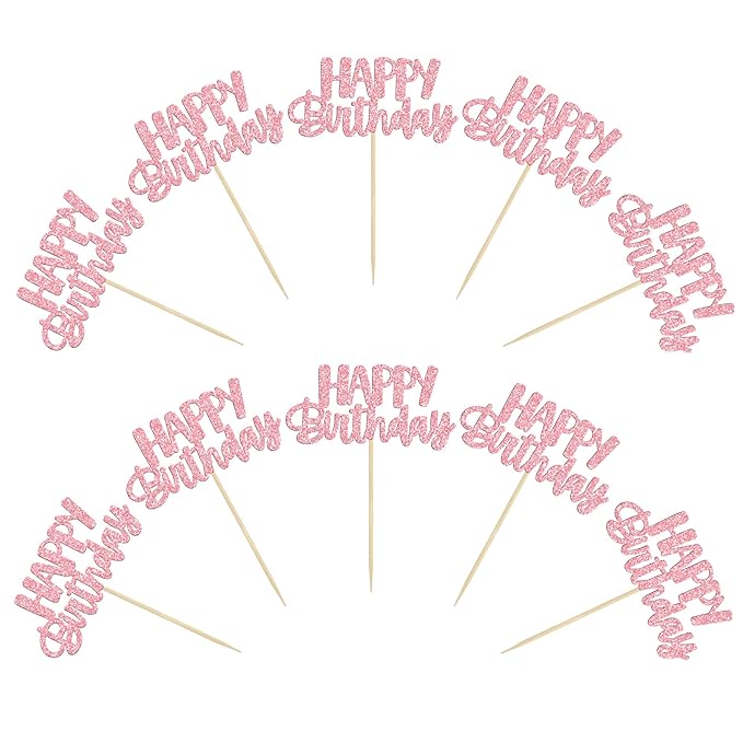 Gyufise 24pcs Happy Birthday Cupcake Toppers - Pink Glitter Celebrating Cake Picks - Baby Shower & Kids Party Decoration Supplies
