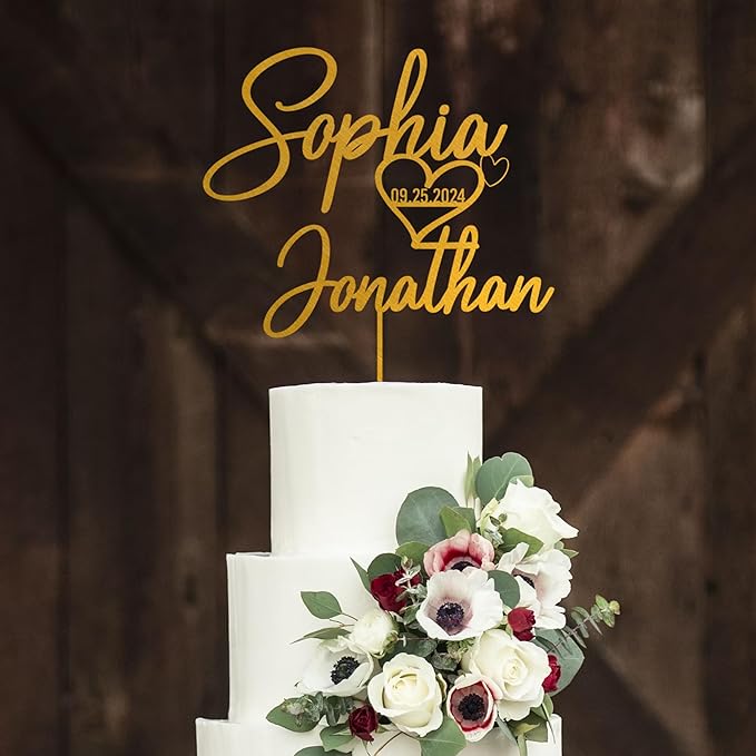 Noni Luxury Personalized Wedding Cake Topper with date and heart, Custom Couples Script Cake Topper for Weddings, Mr and Mrs Cake Toppers for Wedding, Custom Cake topper, Rustic Cake Topper