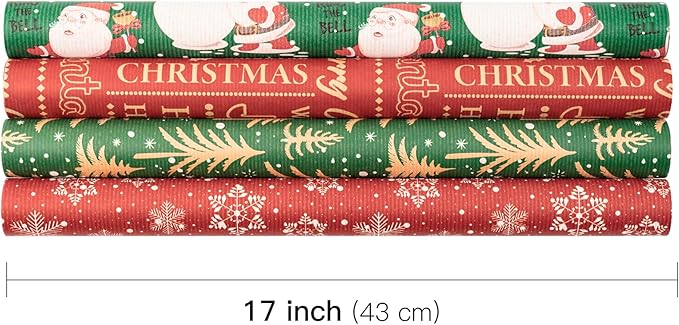 RUSPEPA Kraft Wrapping Paper Rolls - 17 inches x 10 feet per Roll, Total of 4 Rolls, Santa Claus, Snowflake and Christmas Tree Design