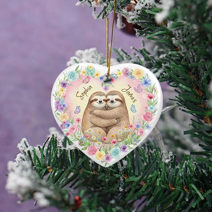 Sloth Couple Newly Engaged Christmas Ornament, Personalized 1St Xmas Together Ceramic Ornament, Cute Couple Sloth Keepsake Gift for Mr & Mrs Mom Dad, Custom Names Sloths Animal Lover Ornaments