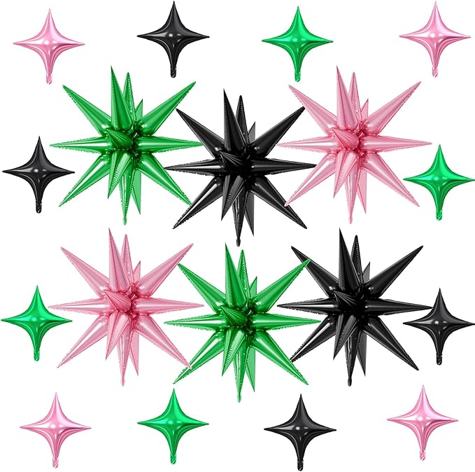 18 Pcs Pink Green Star Balloons, Black Green Pink Balloon with 6 Pcs 22-Inch Explosion Star Balloons 12Pcs 10-Inch Four Pointed Stars Foil Balloon for Wedding Forest Spring Birthday Party Decor
