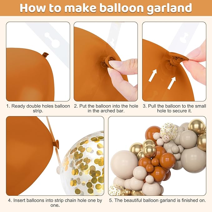 Amandir 153pcs Burnt Orange Balloon Garland Arch Kit, Different Sizes 18 12 10 5inch White Sand Nude Latex Metallic Gold Confetti Fall Thanksgiving Balloons for Baby Shower Birthday Party Decorations