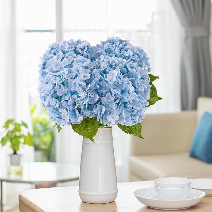 BonBloom's 3 Pcs Blue Hydrangea Artificial Flowers,21 inches Latex Hydrangeas Flowers Faux Lifelike Real Touch Flowers for Wedding Table Centerpieces Home Party Garden Outdoor Decoration