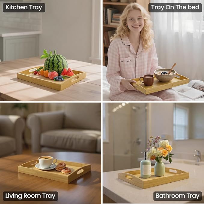 Set of 2 Bamboo Serving Tray with Handles, Decorative Wooden Tray for Breakfast, Dinner, Coffee Table - Portable Bamboo Tray for Ottoman, Kitchen, Living Room Bedroom, Outdoor Scenarios and More
