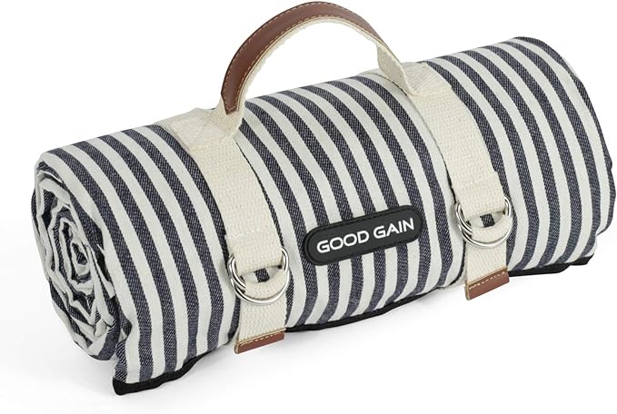 G GOOD GAIN Waterproof Picnic Blanket Portable with Carry Strap for Beach Mat or Family Outdoor Camping Party (Navy Blue)