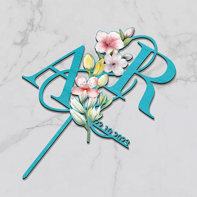 Customized Spring Wedding Cake Topper in Wood Personalized Bride & Groom's Initials and Wedding Date Cake Decoration with Spring Flowers