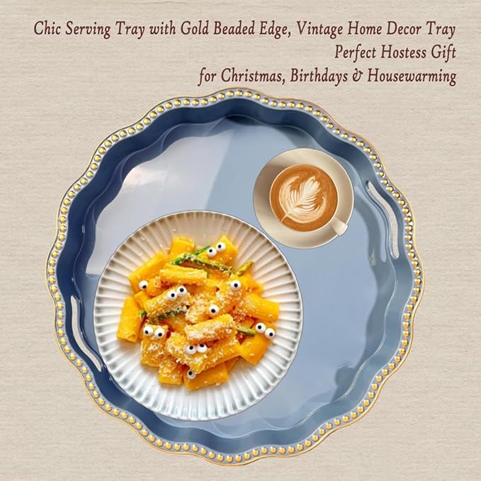 Blue Decorative Tray for Coffee Table, Wavy Scallop Beaded Plastic Serving Tray forKitchen Counter, Ottoman, Living Room, (13")