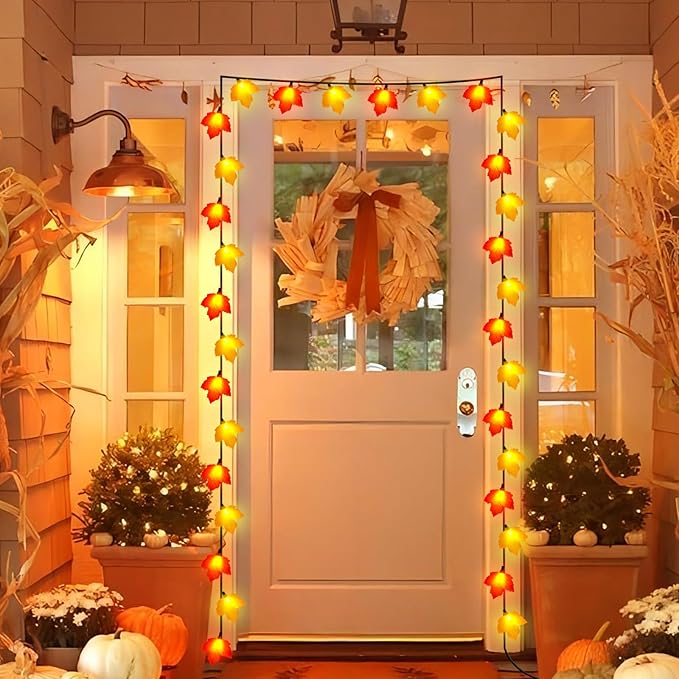 Maple Leaf Fall Lights 8.5Ft – LED String Lights with 10 3D Orange Yellow Leaves for Autumn Home, Kitchen, Table, Mantel & Thanksgiving Decor
