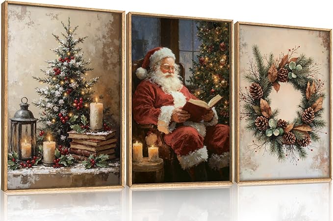 HOURIA Vintage Christmas Framed Canvas Wall Art Set,Santa Claus Reading Book Decor, Wreath Pinecone Berries Artwork,Cozy Night Tree Candle Lantern Prints for Living Room,Xmas 16"x24"x3