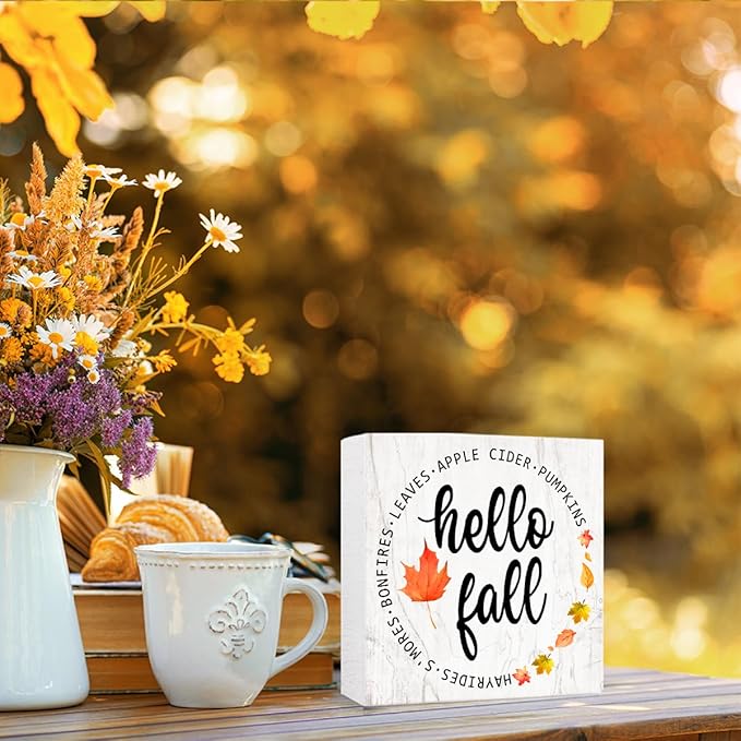 Hello Fall Maple Leaves Wood Box Sign Funny Autumn Wooden Block Desk Decor for Home Office Kitchen Cubicle Table Shelf Tabletop,Farmhouse Fall Sign Decor