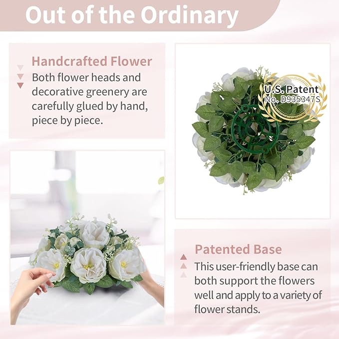 NUPTIO Artificial Flowers Ball Centerpieces: 2 Pcs 9.8 Inch Diameter Fake Kissing Rose Floral Balls for Wedding Party Bridal Shower Valentine Home - White Bouquet Arrangement Decorations for Table