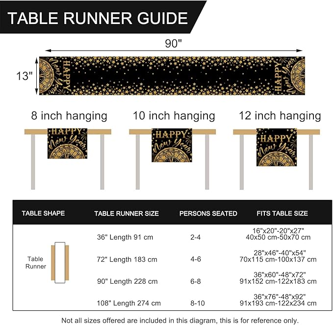 Seliem Happy New Year 2026 Table Runner, Black Gold Stars Clock Celebration Kitchen Dining Table Decor, Golden Fireworks Christmas Winter Home Decoration Indoor Outdoor Party Supply 13 x 90 Inches