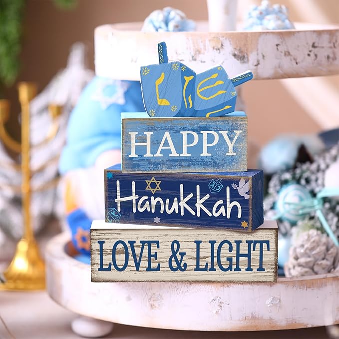 4 Pcs Hanukkah Table Decorations Chanukah Tiered Tray Decor Dreidel Star of David Wooden Block Signs Blue and White Jewish New Year Judaism Hanukkah Decor for Home Kitchen Mantel Party