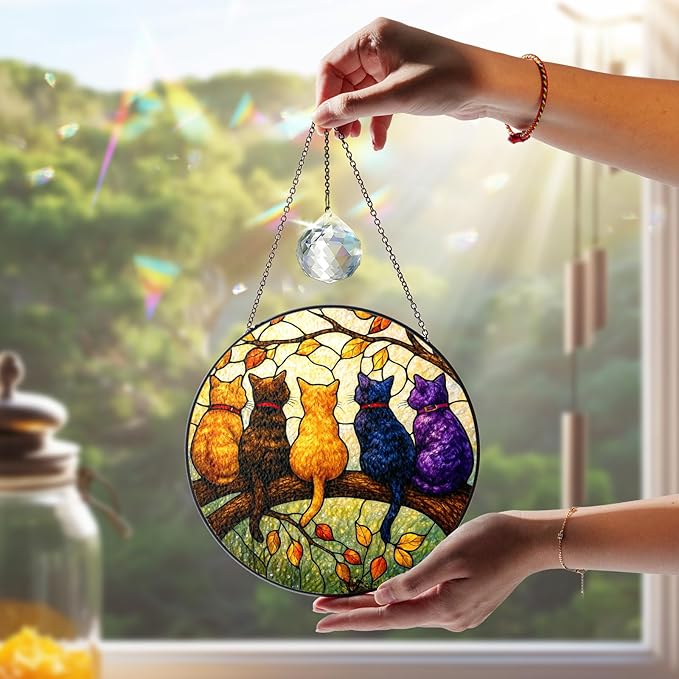 Cat Stained Glass Suncatcher Window Hanging, 5 Cats on Branch Sun Catcher Ornament, Father's Day, Mother's Day, Birthday Gifts for Women, Cat Mom, Pet Lovers, Nature Lovers, Autumn Leaves Decor