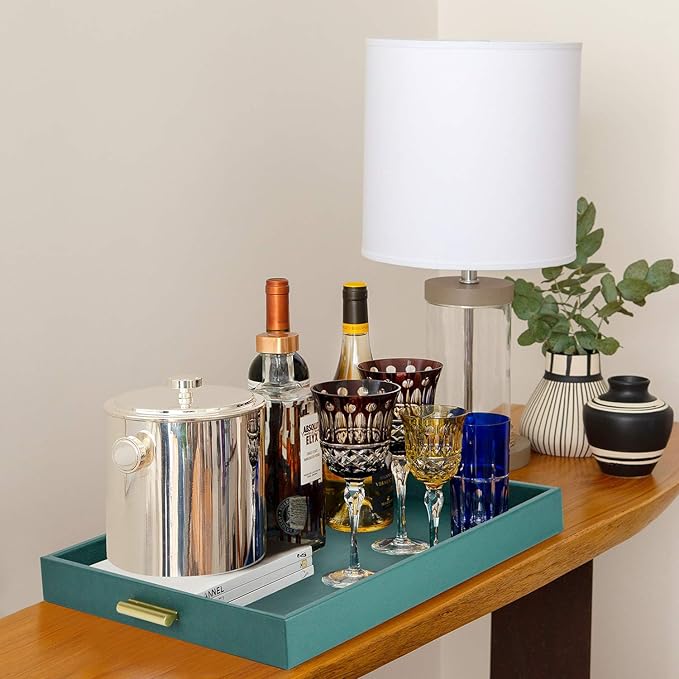 HofferRuffer Extra Large Serving Tray with Handles, Elegant Faux Leather Storage Decorative Tray for Coffee Table, Ottoman, Console Table (Green Tray+Golden Handle)